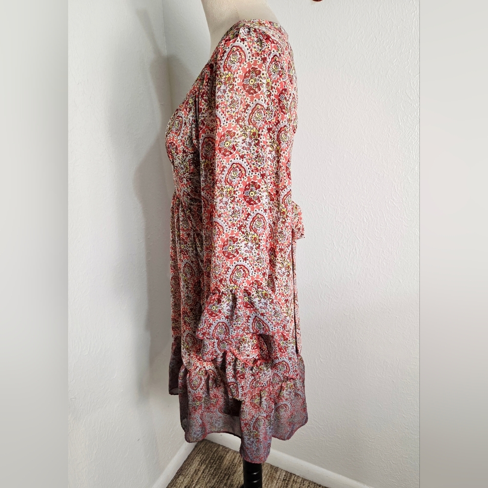 Betsey Johnson Pink & Red Paisley Dress, Long Bell Sleeves, Ruffled Hem, Sz 6 - Picture 8 of 14